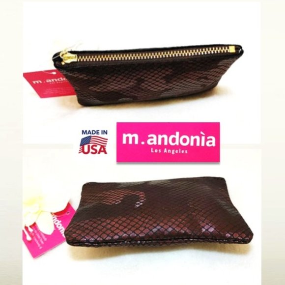 m. andonia Genuine Leather Mini Bag Pouch Grey Pink Red Metallic Zip Leaf Pull - Picture 3 of 11